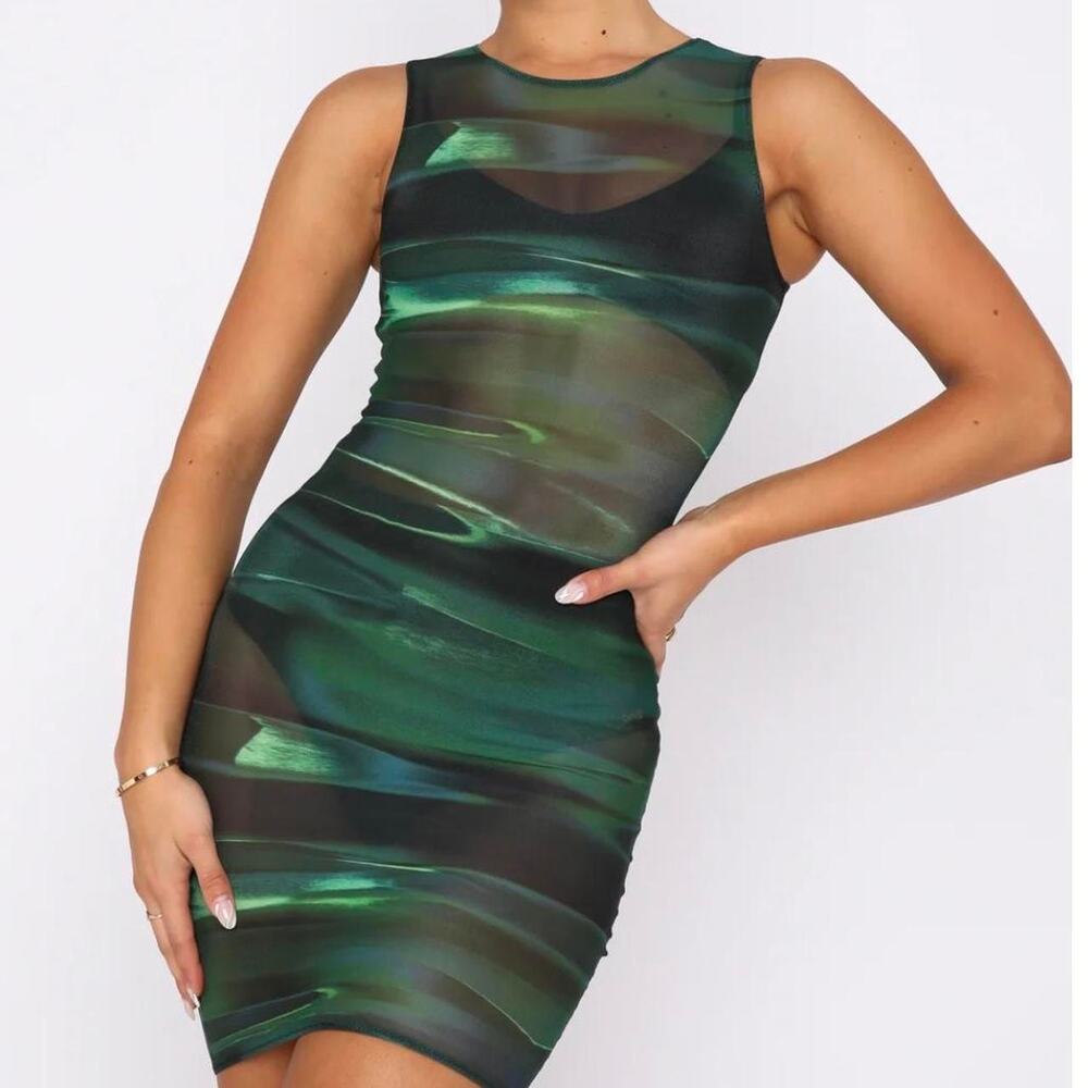 White Fox Green Black No Rules Striped Abstract Mesh Mini Dress XS Festval Club